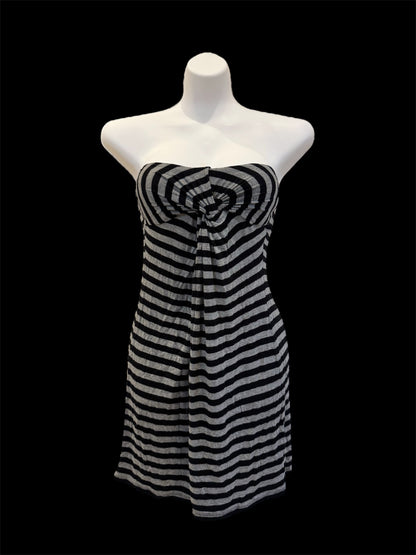 Black and grey striped strapless mini dress